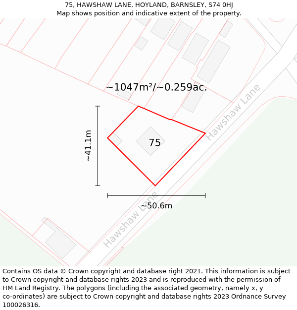 75, HAWSHAW LANE, HOYLAND, BARNSLEY, S74 0HJ: Plot and title map