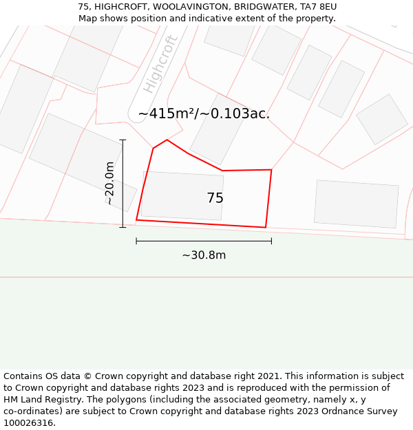 75, HIGHCROFT, WOOLAVINGTON, BRIDGWATER, TA7 8EU: Plot and title map