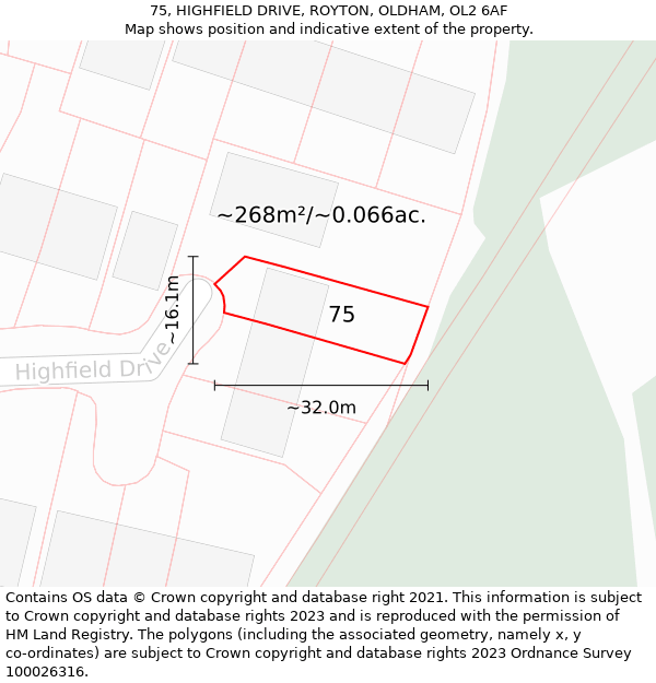 75, HIGHFIELD DRIVE, ROYTON, OLDHAM, OL2 6AF: Plot and title map