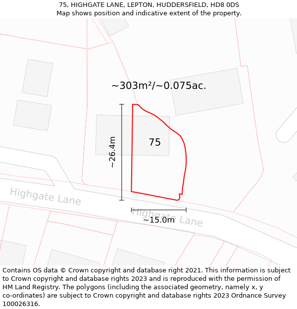 75, HIGHGATE LANE, LEPTON, HUDDERSFIELD, HD8 0DS: Plot and title map