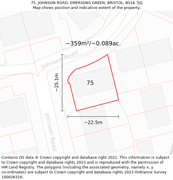 75, JOHNSON ROAD, EMERSONS GREEN, BRISTOL, BS16 7JQ: Plot and title map