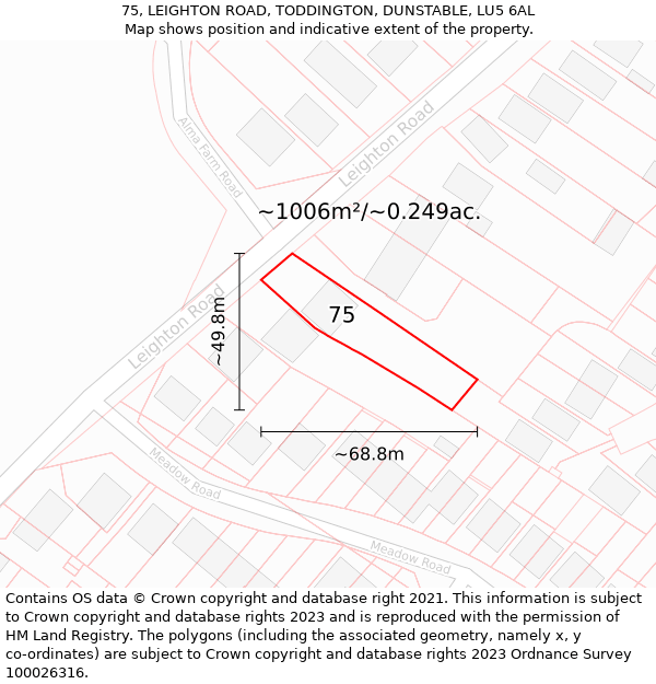 75, LEIGHTON ROAD, TODDINGTON, DUNSTABLE, LU5 6AL: Plot and title map