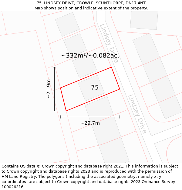 75, LINDSEY DRIVE, CROWLE, SCUNTHORPE, DN17 4NT: Plot and title map