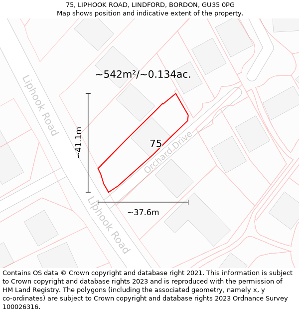 75, LIPHOOK ROAD, LINDFORD, BORDON, GU35 0PG: Plot and title map