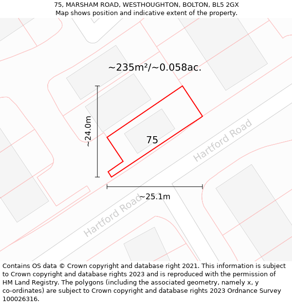 75, MARSHAM ROAD, WESTHOUGHTON, BOLTON, BL5 2GX: Plot and title map
