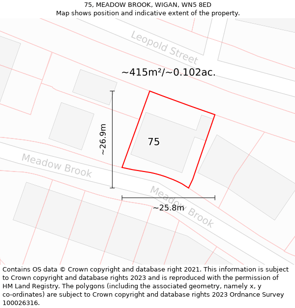 75, MEADOW BROOK, WIGAN, WN5 8ED: Plot and title map