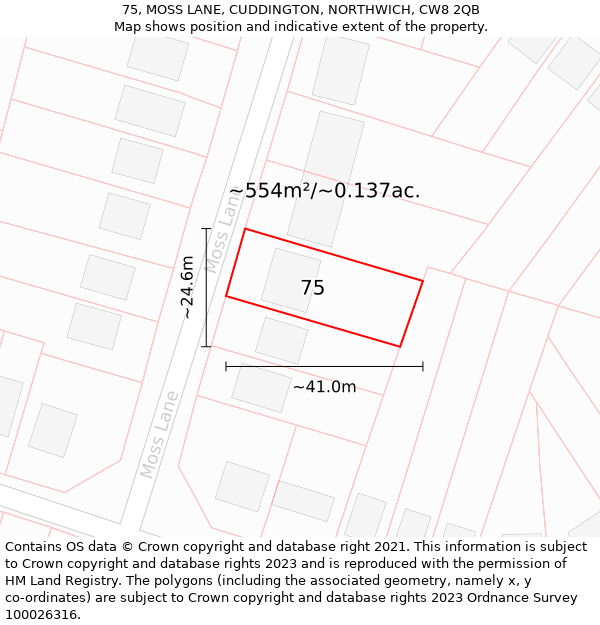 75, MOSS LANE, CUDDINGTON, NORTHWICH, CW8 2QB: Plot and title map