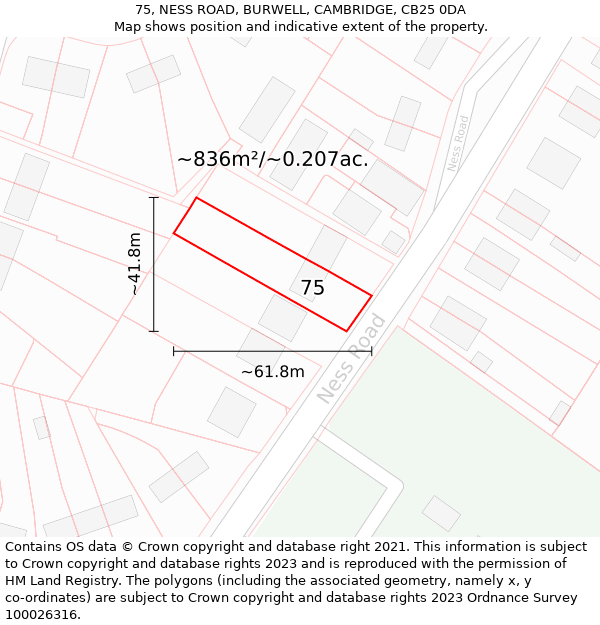 75, NESS ROAD, BURWELL, CAMBRIDGE, CB25 0DA: Plot and title map