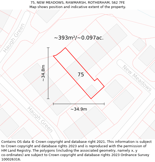 75, NEW MEADOWS, RAWMARSH, ROTHERHAM, S62 7FE: Plot and title map