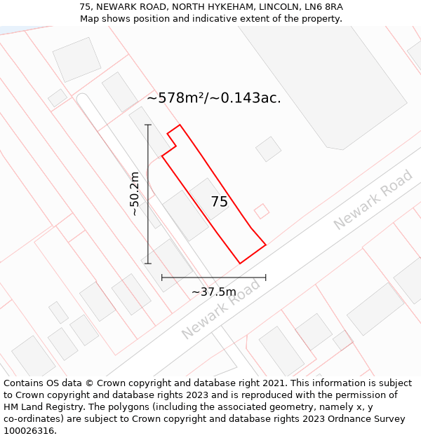75, NEWARK ROAD, NORTH HYKEHAM, LINCOLN, LN6 8RA: Plot and title map