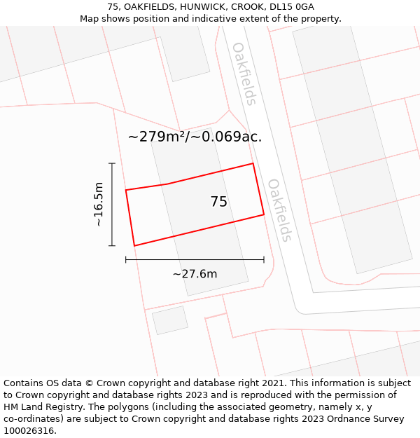 75, OAKFIELDS, HUNWICK, CROOK, DL15 0GA: Plot and title map