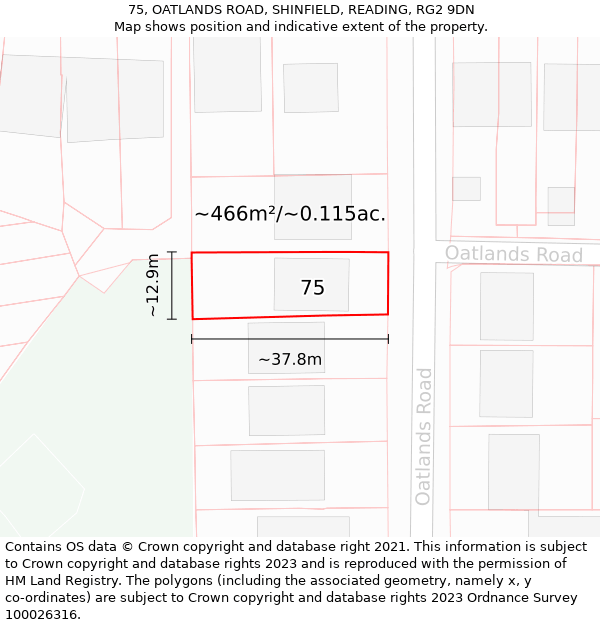 75, OATLANDS ROAD, SHINFIELD, READING, RG2 9DN: Plot and title map