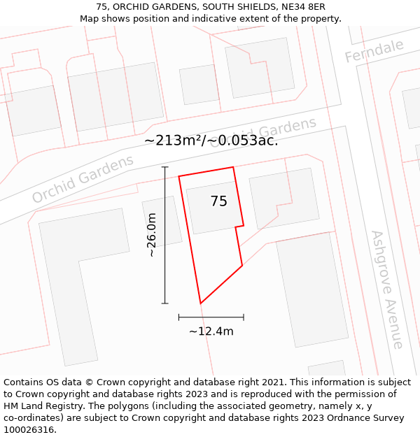 75, ORCHID GARDENS, SOUTH SHIELDS, NE34 8ER: Plot and title map
