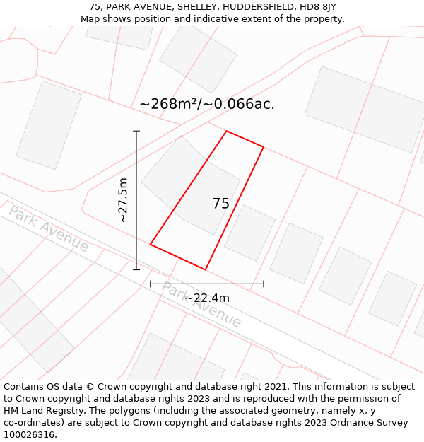 75, PARK AVENUE, SHELLEY, HUDDERSFIELD, HD8 8JY: Plot and title map