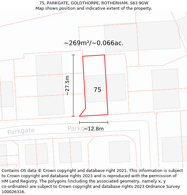 75, PARKGATE, GOLDTHORPE, ROTHERHAM, S63 9GW: Plot and title map