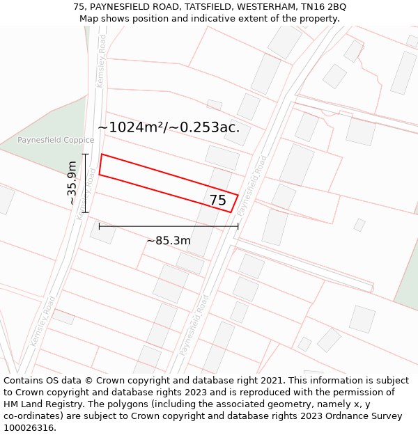 75, PAYNESFIELD ROAD, TATSFIELD, WESTERHAM, TN16 2BQ: Plot and title map