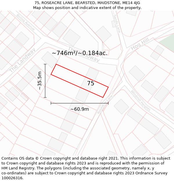 75, ROSEACRE LANE, BEARSTED, MAIDSTONE, ME14 4JG: Plot and title map