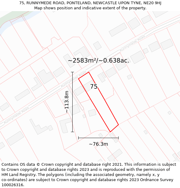 75, RUNNYMEDE ROAD, PONTELAND, NEWCASTLE UPON TYNE, NE20 9HJ: Plot and title map