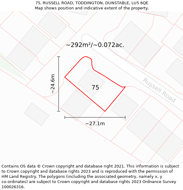 75, RUSSELL ROAD, TODDINGTON, DUNSTABLE, LU5 6QE: Plot and title map