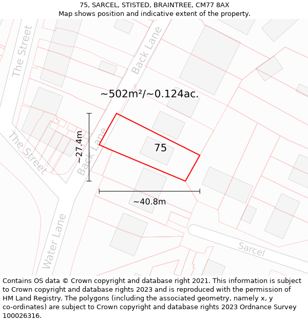 75, SARCEL, STISTED, BRAINTREE, CM77 8AX: Plot and title map