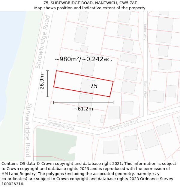 75, SHREWBRIDGE ROAD, NANTWICH, CW5 7AE: Plot and title map