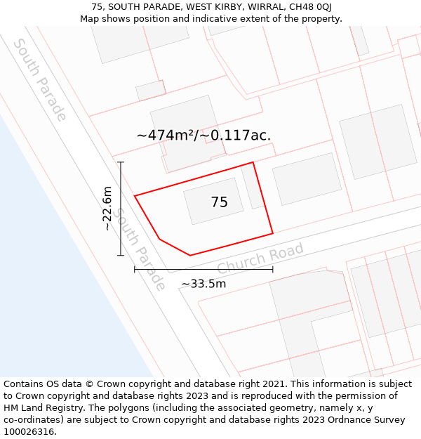 75, SOUTH PARADE, WEST KIRBY, WIRRAL, CH48 0QJ: Plot and title map