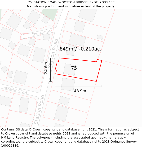 75, STATION ROAD, WOOTTON BRIDGE, RYDE, PO33 4RE: Plot and title map