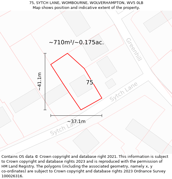 75, SYTCH LANE, WOMBOURNE, WOLVERHAMPTON, WV5 0LB: Plot and title map