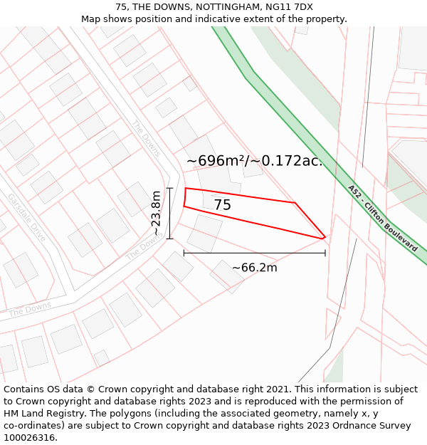 75, THE DOWNS, NOTTINGHAM, NG11 7DX: Plot and title map