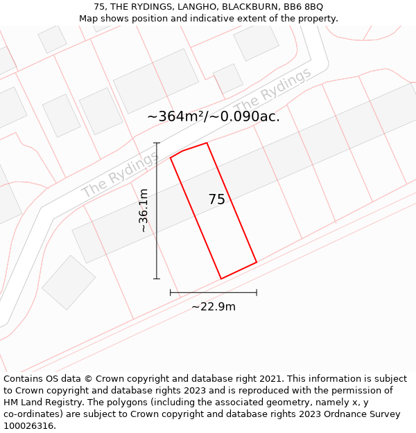 75, THE RYDINGS, LANGHO, BLACKBURN, BB6 8BQ: Plot and title map