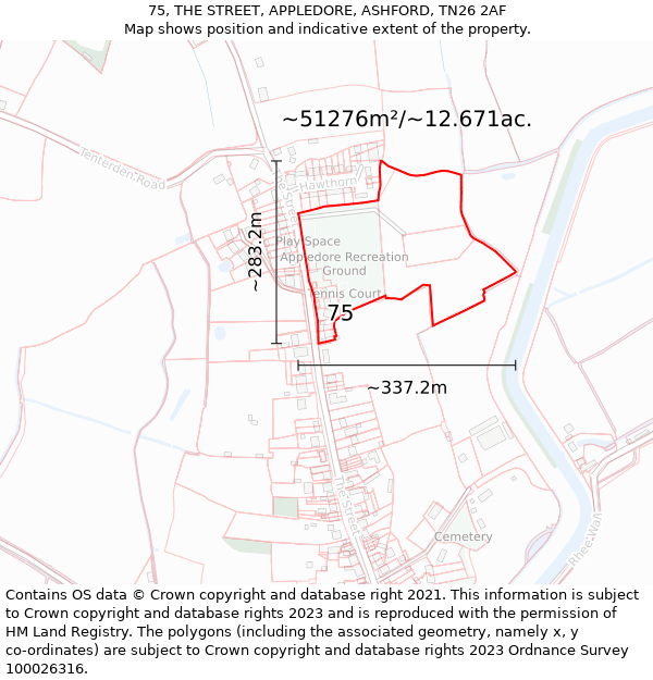 75, THE STREET, APPLEDORE, ASHFORD, TN26 2AF: Plot and title map