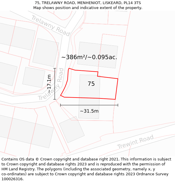 75, TRELAWNY ROAD, MENHENIOT, LISKEARD, PL14 3TS: Plot and title map