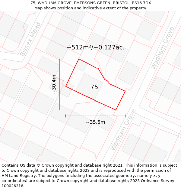 75, WADHAM GROVE, EMERSONS GREEN, BRISTOL, BS16 7DX: Plot and title map