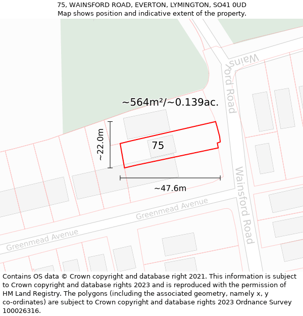 75, WAINSFORD ROAD, EVERTON, LYMINGTON, SO41 0UD: Plot and title map