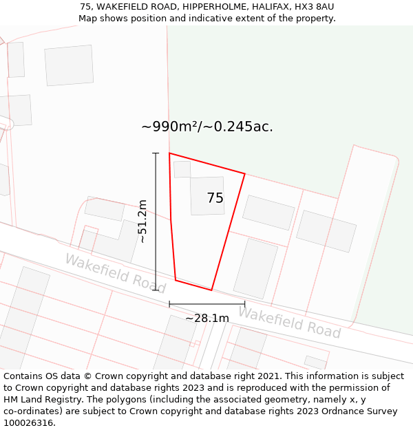 75, WAKEFIELD ROAD, HIPPERHOLME, HALIFAX, HX3 8AU: Plot and title map