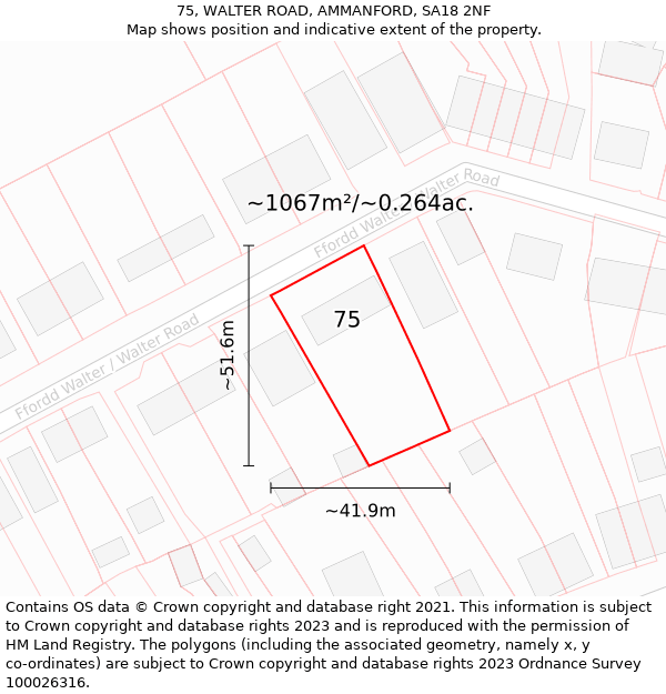 75, WALTER ROAD, AMMANFORD, SA18 2NF: Plot and title map