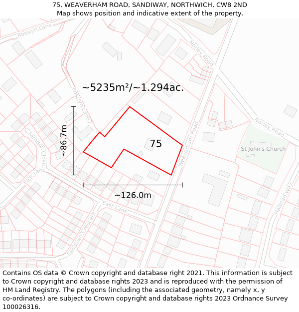 75, WEAVERHAM ROAD, SANDIWAY, NORTHWICH, CW8 2ND: Plot and title map