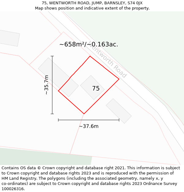 75, WENTWORTH ROAD, JUMP, BARNSLEY, S74 0JX: Plot and title map