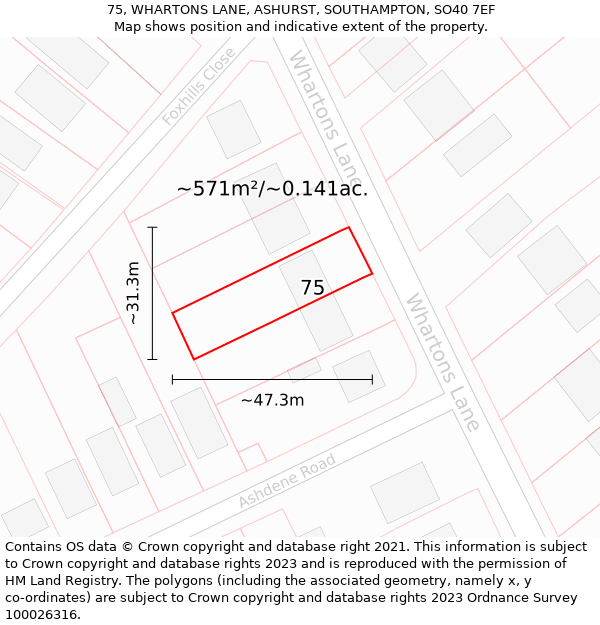 75, WHARTONS LANE, ASHURST, SOUTHAMPTON, SO40 7EF: Plot and title map