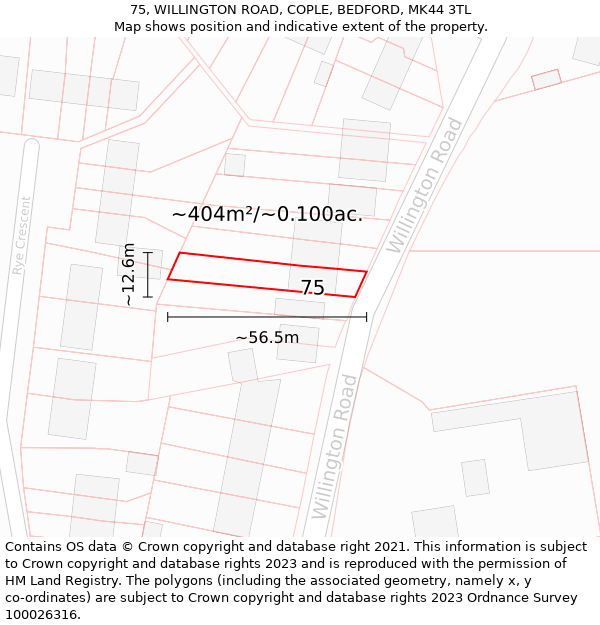 75, WILLINGTON ROAD, COPLE, BEDFORD, MK44 3TL: Plot and title map