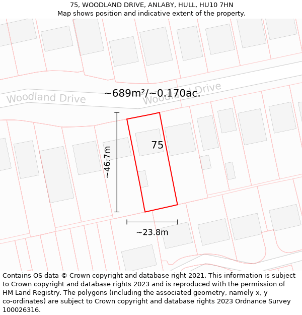 75, WOODLAND DRIVE, ANLABY, HULL, HU10 7HN: Plot and title map