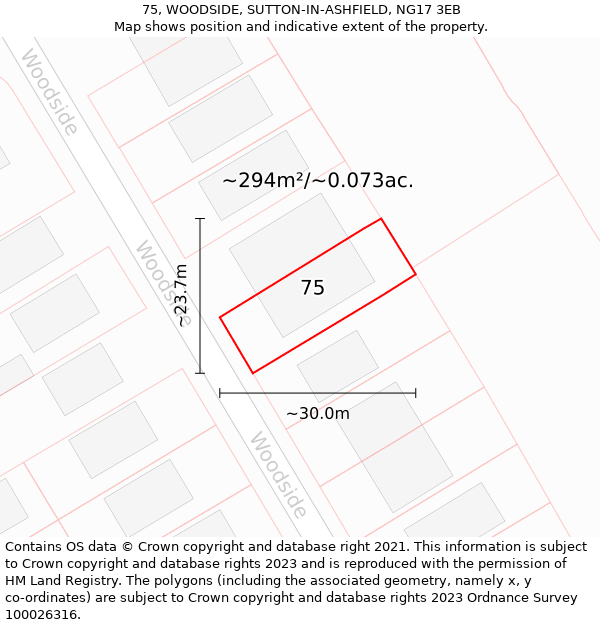 75, WOODSIDE, SUTTON-IN-ASHFIELD, NG17 3EB: Plot and title map