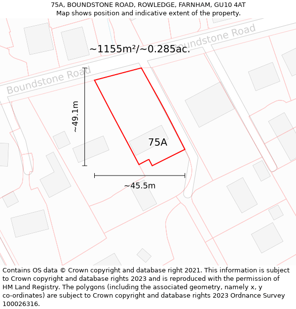 75A, BOUNDSTONE ROAD, ROWLEDGE, FARNHAM, GU10 4AT: Plot and title map