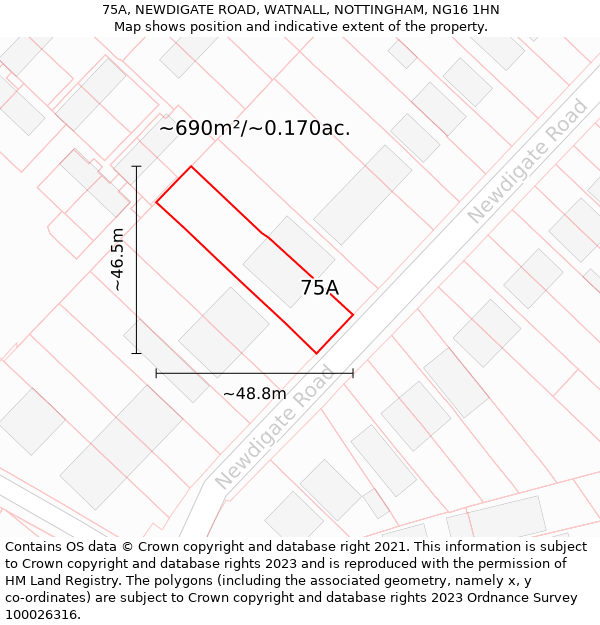 75A, NEWDIGATE ROAD, WATNALL, NOTTINGHAM, NG16 1HN: Plot and title map