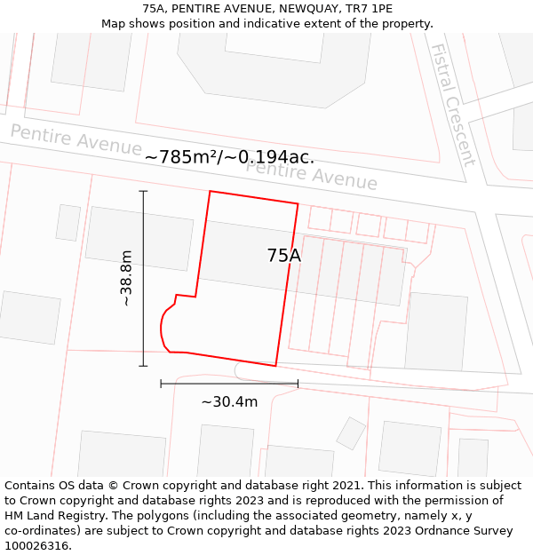 75A, PENTIRE AVENUE, NEWQUAY, TR7 1PE: Plot and title map