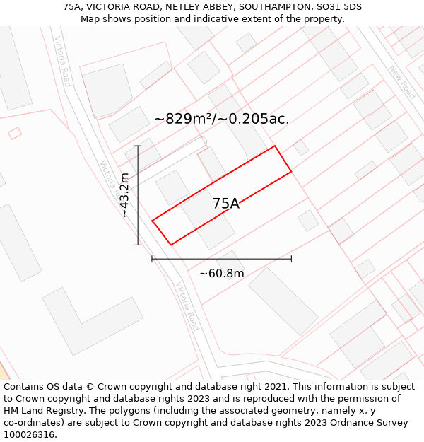 75A, VICTORIA ROAD, NETLEY ABBEY, SOUTHAMPTON, SO31 5DS: Plot and title map