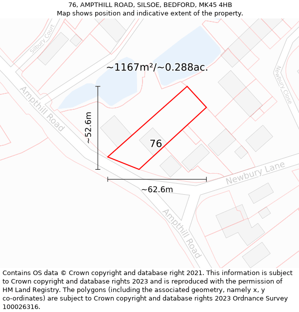 76, AMPTHILL ROAD, SILSOE, BEDFORD, MK45 4HB: Plot and title map