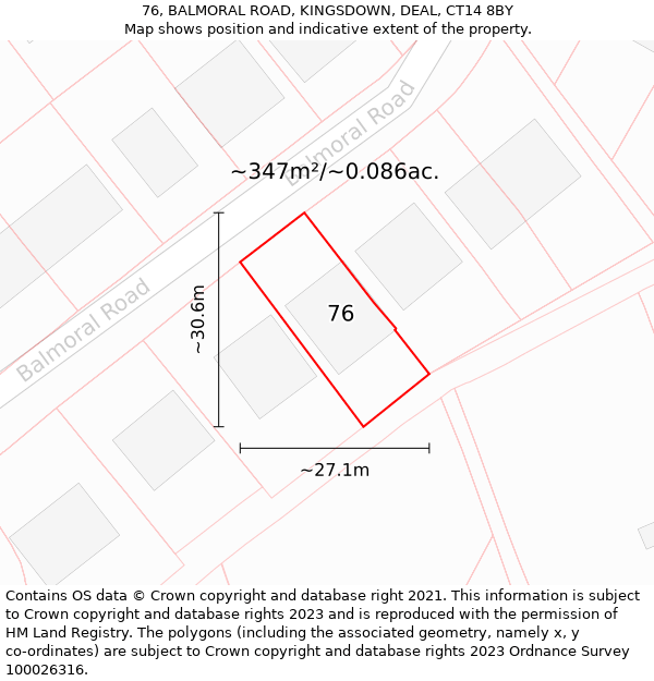 76, BALMORAL ROAD, KINGSDOWN, DEAL, CT14 8BY: Plot and title map