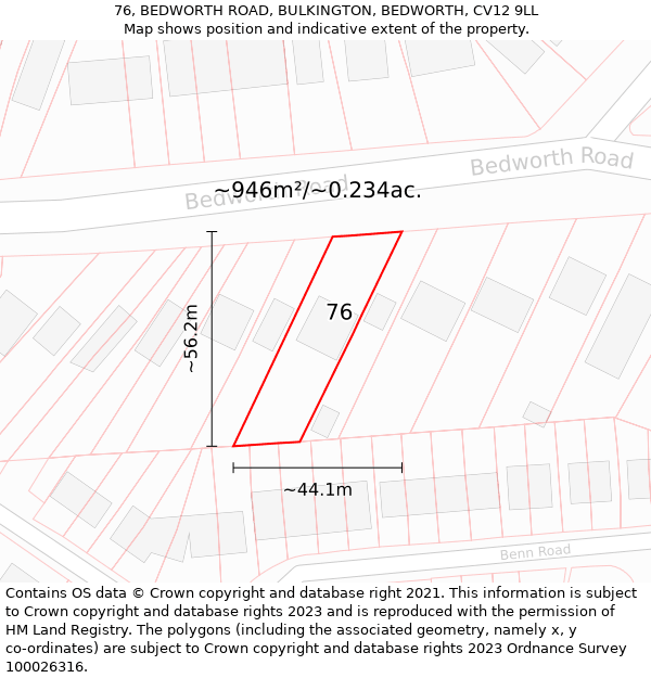 76, BEDWORTH ROAD, BULKINGTON, BEDWORTH, CV12 9LL: Plot and title map