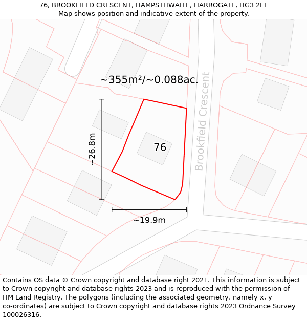 76, BROOKFIELD CRESCENT, HAMPSTHWAITE, HARROGATE, HG3 2EE: Plot and title map